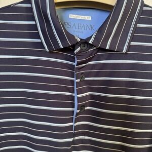Jos A Bank Traveler Golf Polo Shirt Mens Navy Blue Stripe Traditional Fit Size M